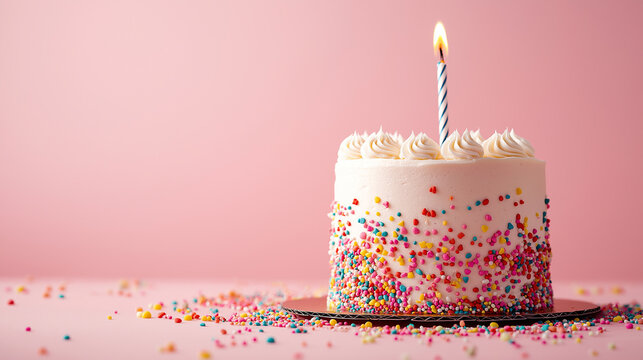 Birthday cake with lit candle standing on pink background with sprinkles