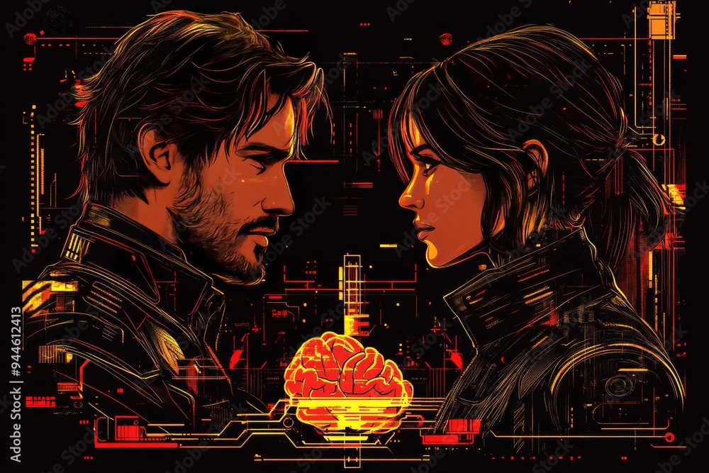 Poster futuristic illustration of a man and woman in a high tech setting with a glowing brain symbolizing t