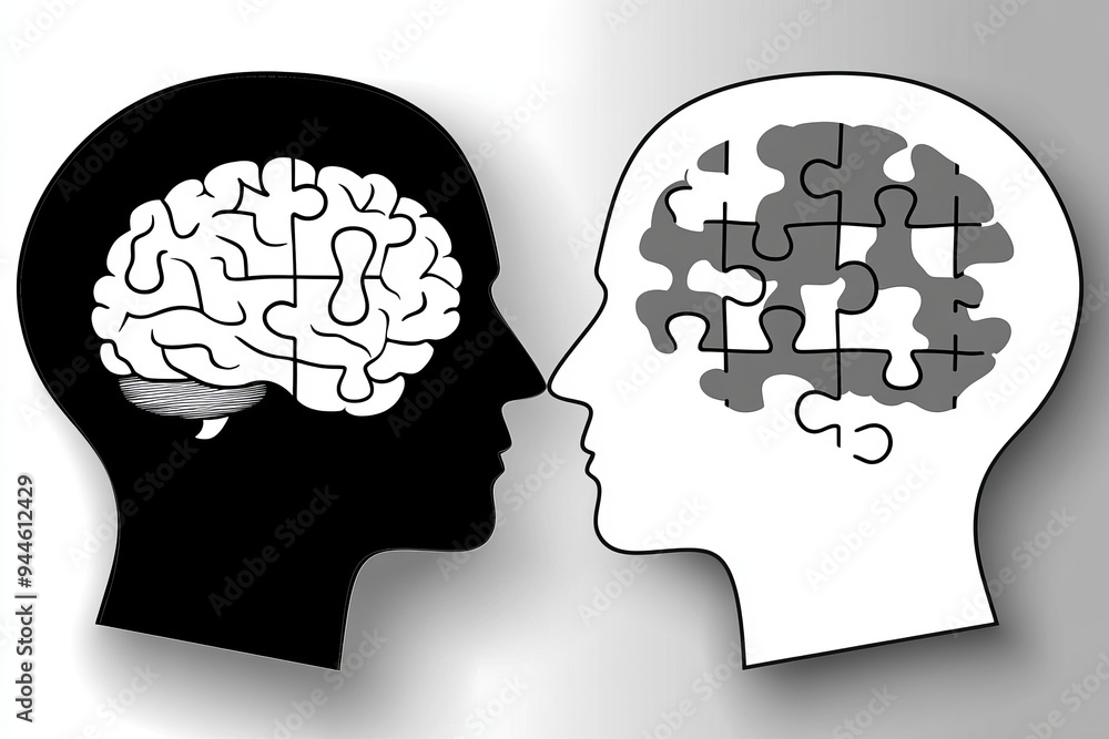 Poster minimalist black and white illustration of two human profiles with puzzle piece brains symbolizing t