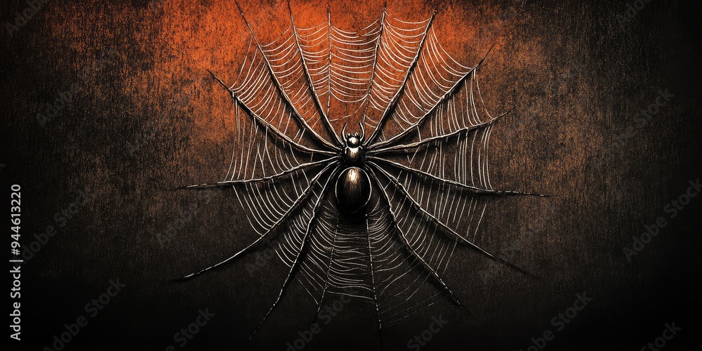 Poster a mysterious spider weaves its intricate web against a backdrop of deep orange and shadowy textures,