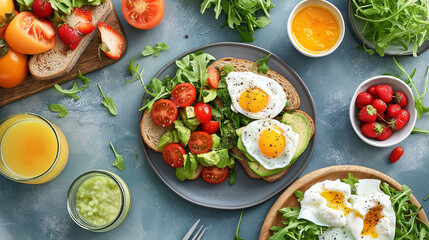 Healthy breakfast table setting with whole wheat toasts, eggs, avocado and fruits