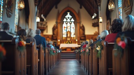 Fototapeta premium Beautifully Decorated Church Interior with Congregation Attending Easter Sunday Service