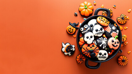 Cauldron-shaped bowl contain Halloween cartoon cookies of pumpkins, skeletons, spiders., AI generate.