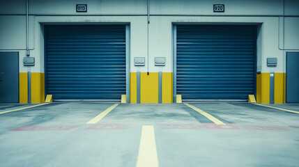Two blue industrial doors closing a large building at night