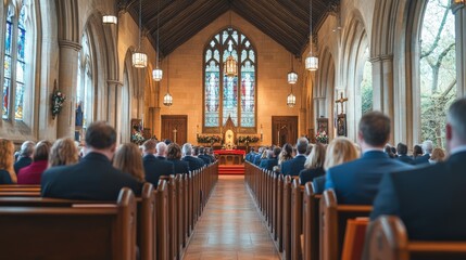 Beautifully Decorated Church Interior with Congregation Attending Easter Sunday Service