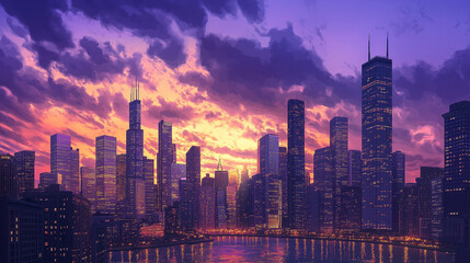 Chicago skyline shining during beautiful sunset over lake michigan