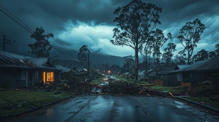 Devastated suburban landscape, roofs ripped off, uprooted trees lying on the ground, and broken power lines hanging dangerously, under a dark sky