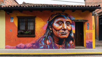 Obraz premium Colorful graffiti mural of smiling indigenous woman on a building in bogota colombia
