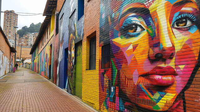Colorful street art displaying woman portrait in comuna 13 medellin colombia