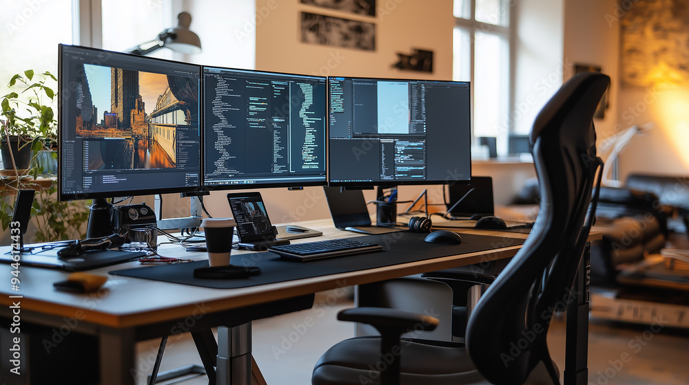 Aufkleber Programmer working from home with triple monitor setup