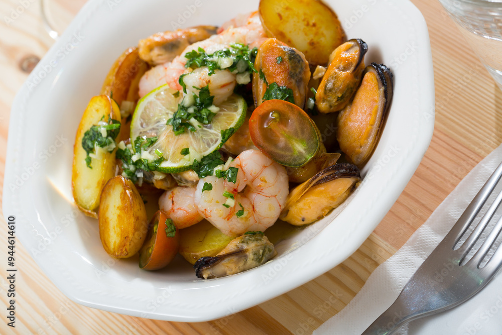 Sticker close up of tasty warm salad with fried potatoes, shrimp and mussels, served at plate