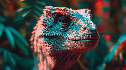 Fototapeta premium Realistic dinosaur in a vibrant jungle setting with lush vegetation