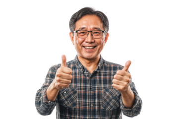 Portrait of a smiling senior Asian man showing a thumbs-up sign, isolated on transparent background, cut out