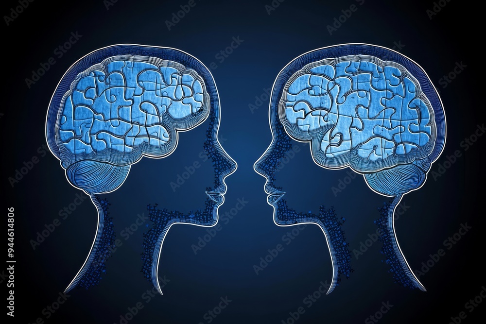 Poster digital illustration of two human profiles with puzzle piece brains symbolizing the complex and inte