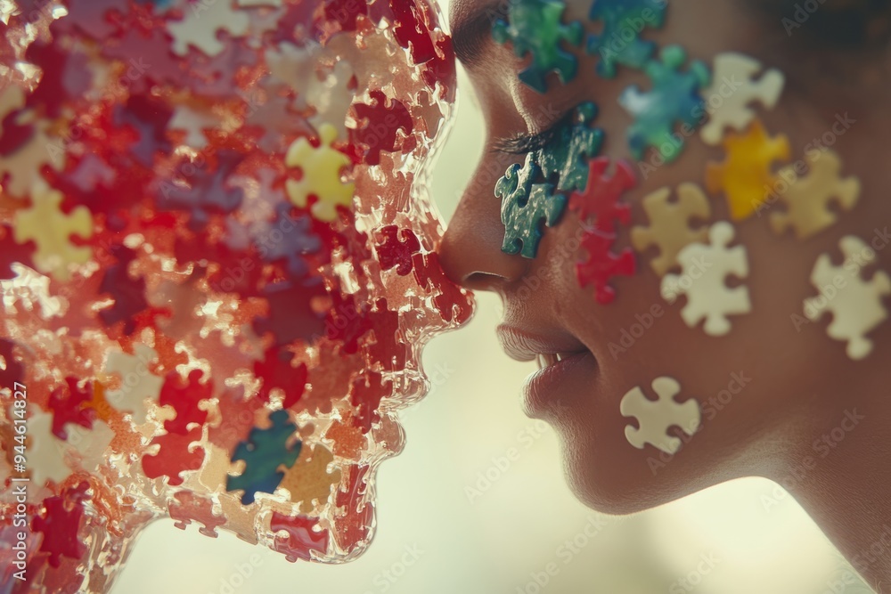 Poster close up of two human faces covered in puzzle pieces symbolizing the fragmented nature of identity a