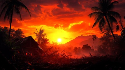 Forest disaster scene with shattered homes among uprooted trees, digital painting, high contrast, dramatic lighting, emphasizing nature's destructive power.