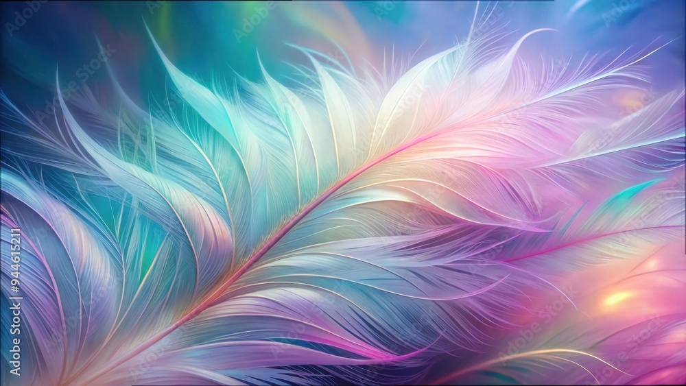 Poster a vibrant arrangement of delicate feathers displaying a mesmerizing blend of pastel colors swirling 
