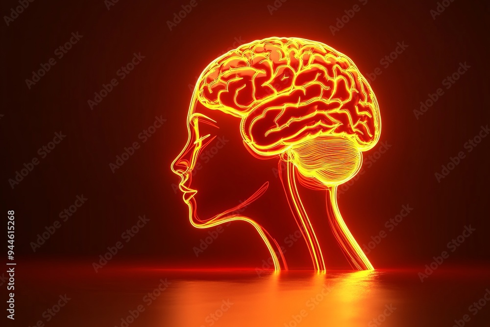 Poster neon silhouette of a womans profile with a glowing brain representing the electrifying energy of tho