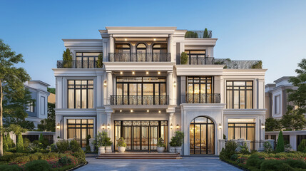 Obraz premium Luxurious white classic house exterior with garden at sunset