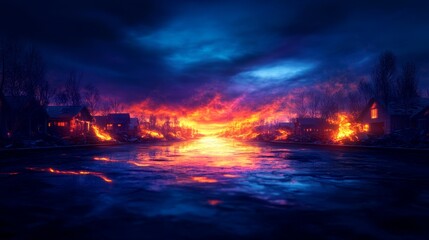 Obraz premium Futuristic suburban street after a disaster, homes in ruins, debris illuminated by holographic emergency lights, Sci-fi, Neon colors, Digital painting, High contrast