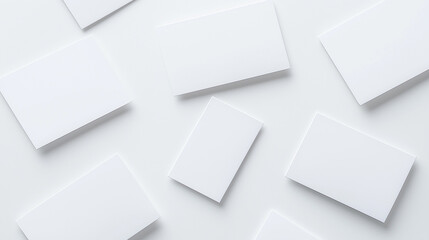 Top down view of several blank business cards laying on a white surface
