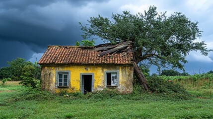 Old house partially crushed by a fallen tree, broken windows reflecting the stormy sky, roof partially collapsed, nature overtaking human structures