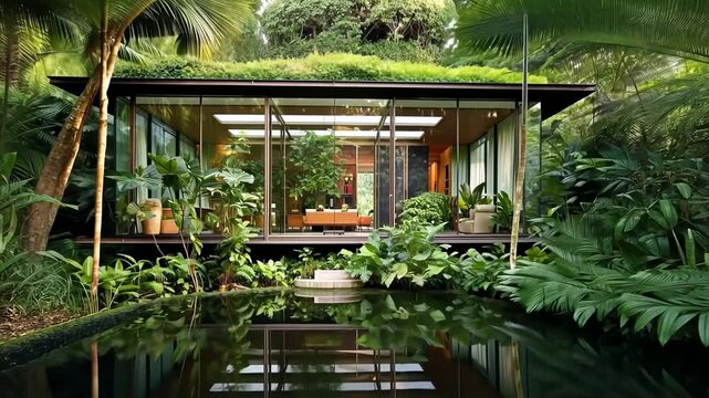 Glass sustainable home integrated in the jungle