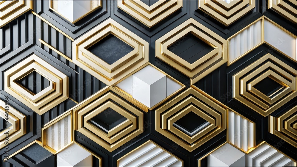 Poster intricate abstract geometric design featuring a fusion of black, white, and gold elements creating a