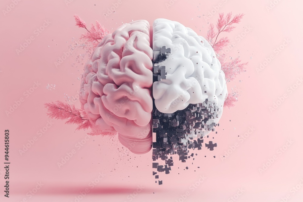 Poster 3d rendering of a brain split in half with floral elements symbolizing the balance between logic and
