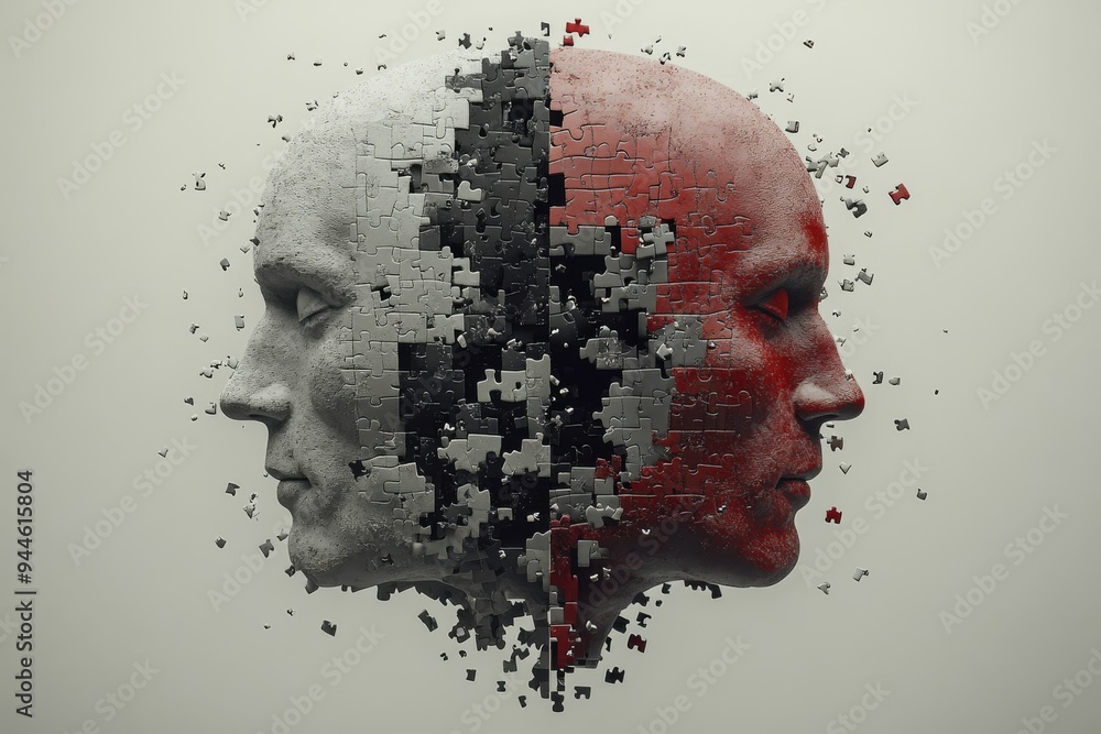 Poster abstract art of a human profile split in half one side disintegrating into particles symbolizing the