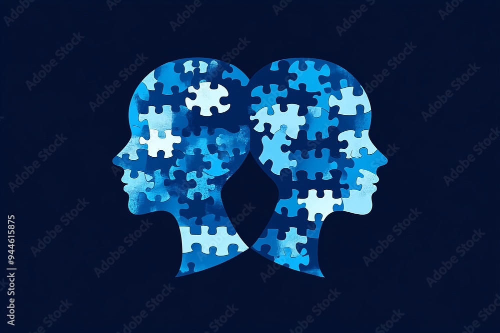 Poster digital illustration of two human profiles with puzzle piece brains symbolizing the complexity and i