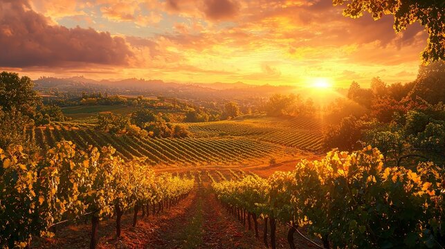 Breathtaking, sun-drenched vineyard, rolling hills, grapevines, high quality, photorealistic, winemaking, scenic, idyllic, panoramic, breathtaking::1.2 wine barrels, wine tasting, rustic farmhouse,