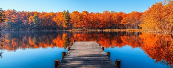 Breathtaking, vibrant autumn foliage reflected on the lake, high quality, photorealistic, tranquil, idyllic, scenic, panoramic, breathtaking::0.9 wooden pier, hiking trail, colorful trees, crisp