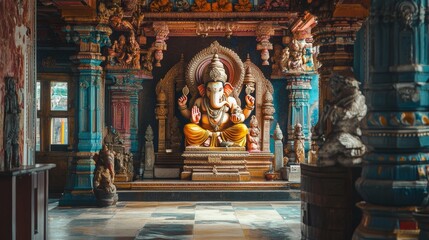 Hindu Temple Interior with Statue of Ganesha