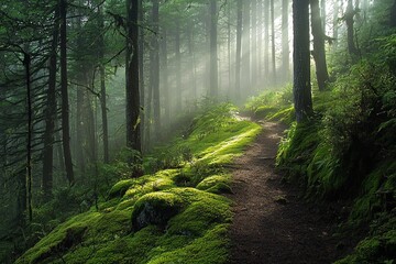 Fototapeta premium Captivating, misty morning in the forest, sunlight filtering through trees, high quality, photorealistic, serene, ethereal, scenic, panoramic, breathtaking::1.2 moss-covered rocks, woodland