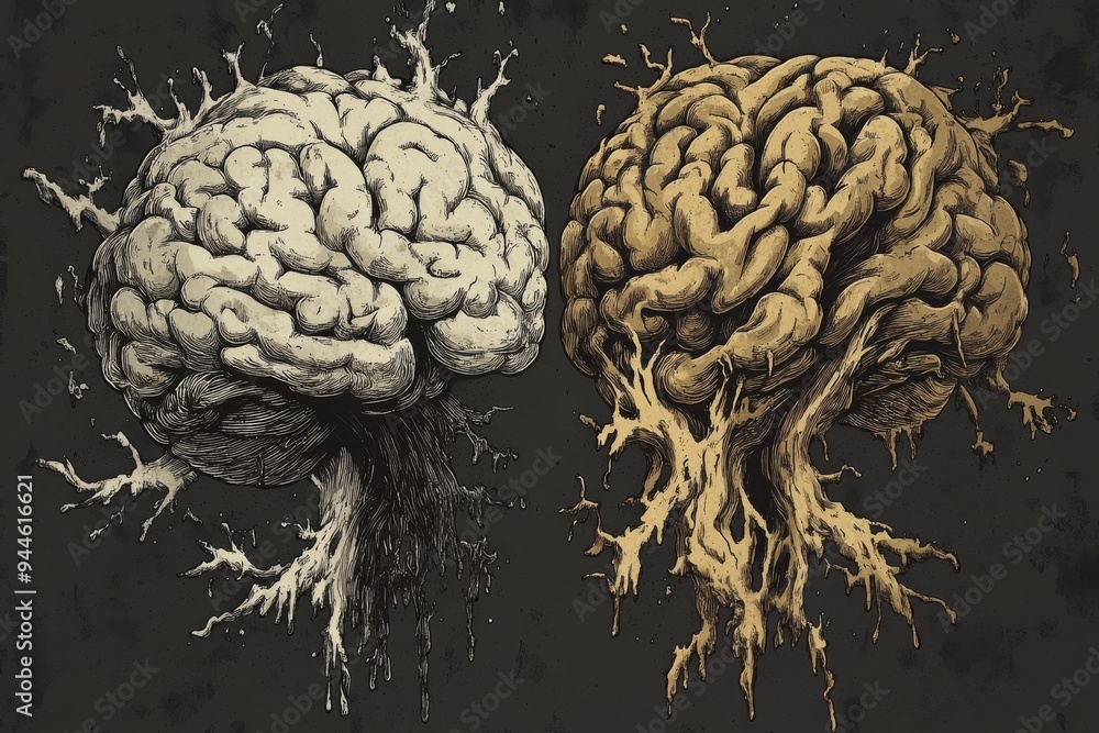 Poster 3d rendering of two tree like brains with intertwined roots symbolizing the deep connection of thoug