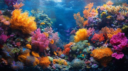 Naklejka premium Coral reef, underwater, vibrant colors, marine life, textured,