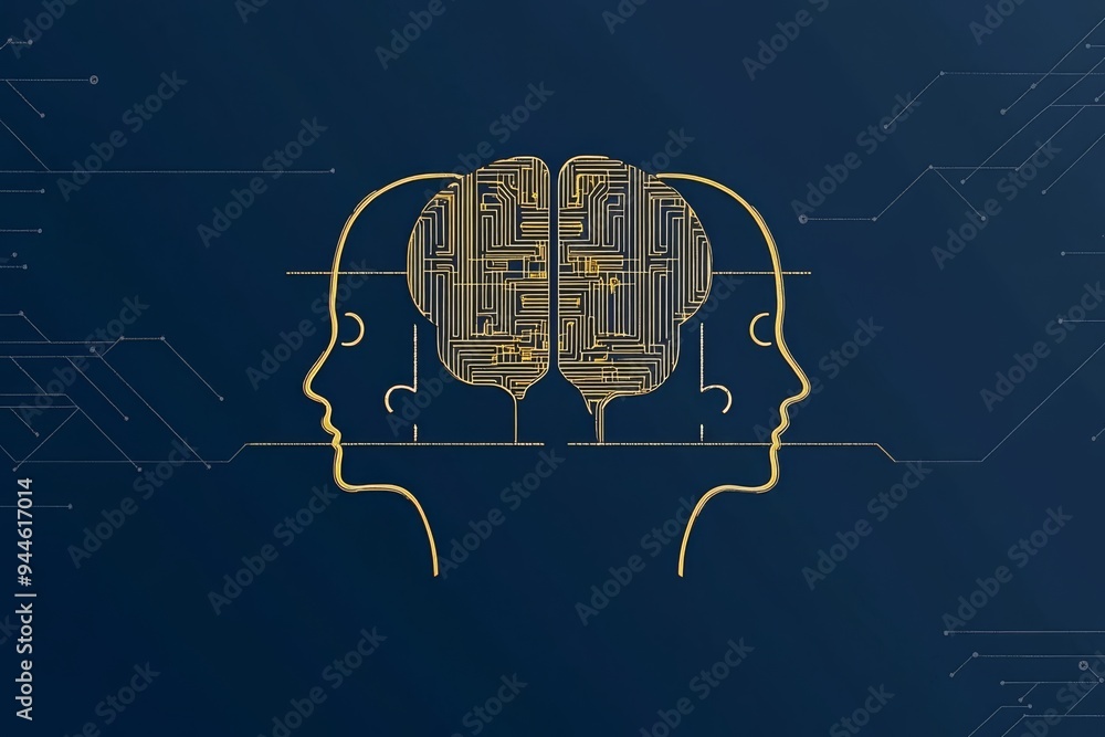 Poster minimalist digital illustration of two human profiles with a circuit board brain symbolizing the int