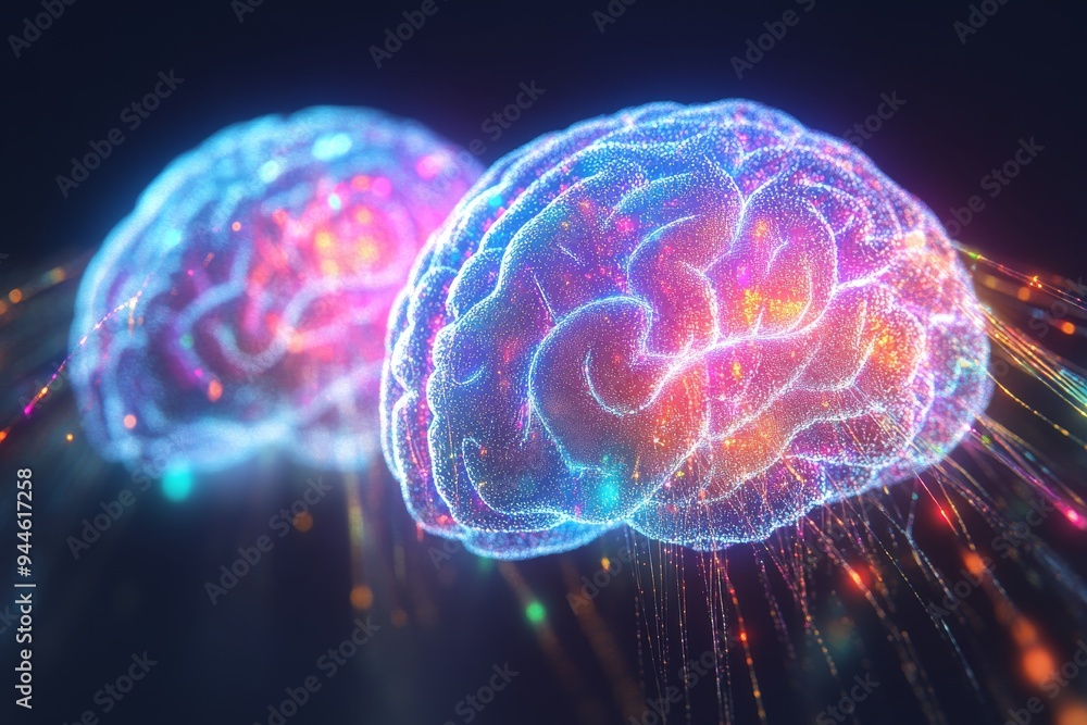 Poster 3d rendering of two brains with vibrant neural connections symbolizing the electrifying energy and d