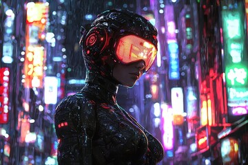 Detailed anime character, futuristic cityscape, holographic displays, cybernetic enhancements, sleek outfit, urban espionage, neon-lit streets, high-tech gadgets