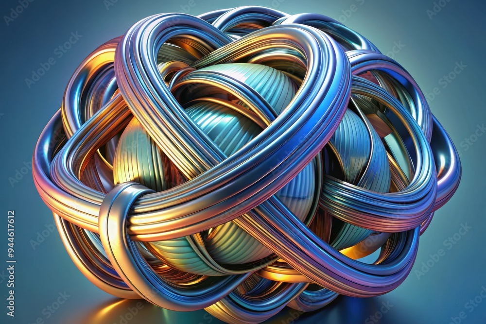 Poster intricate metallic sculpture with intertwining curves and vibrant colors illuminated against a blue 