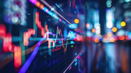 Fototapeta premium Financial Data Displayed on a Screen with Night City Lights in the Background