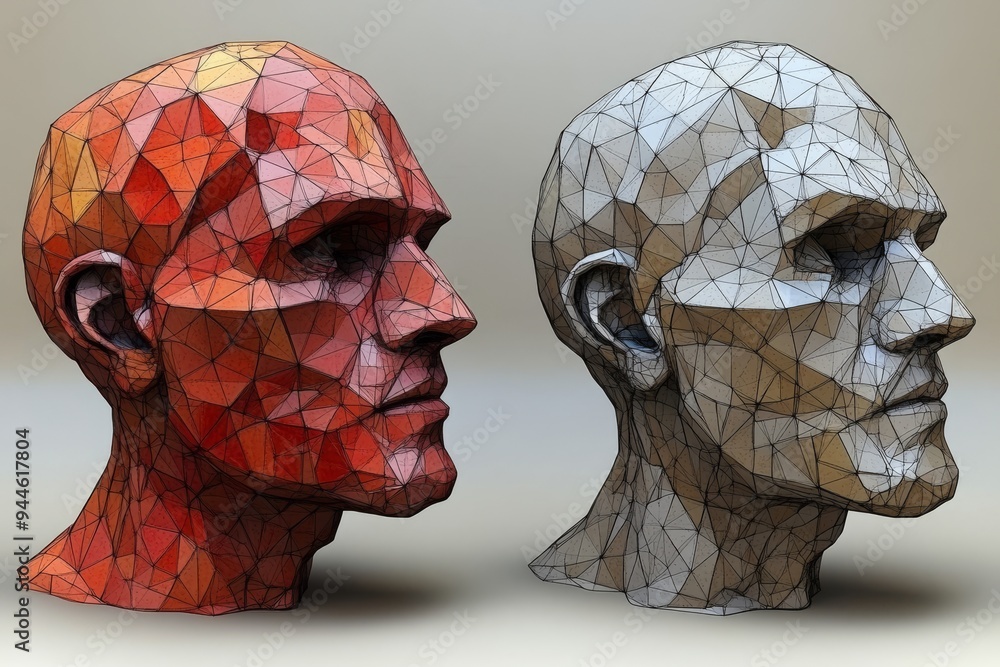 Poster 3d rendering of two stone busts with puzzle piece brains symbolizing the enduring and rugged nature 