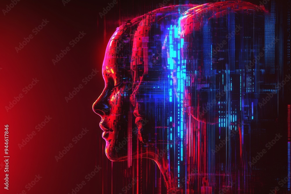 Poster futuristic digital art of a human profile with a glowing brain symbolizing the integration of techno