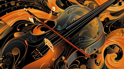 Abstract Violin with Gold and Orange Swirls.