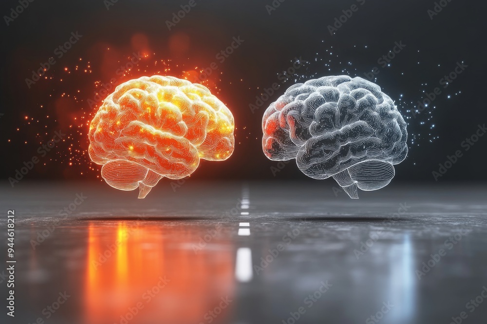 Poster digital rendering of two glowing brains in red and white symbolizing the contrasting yet complementa