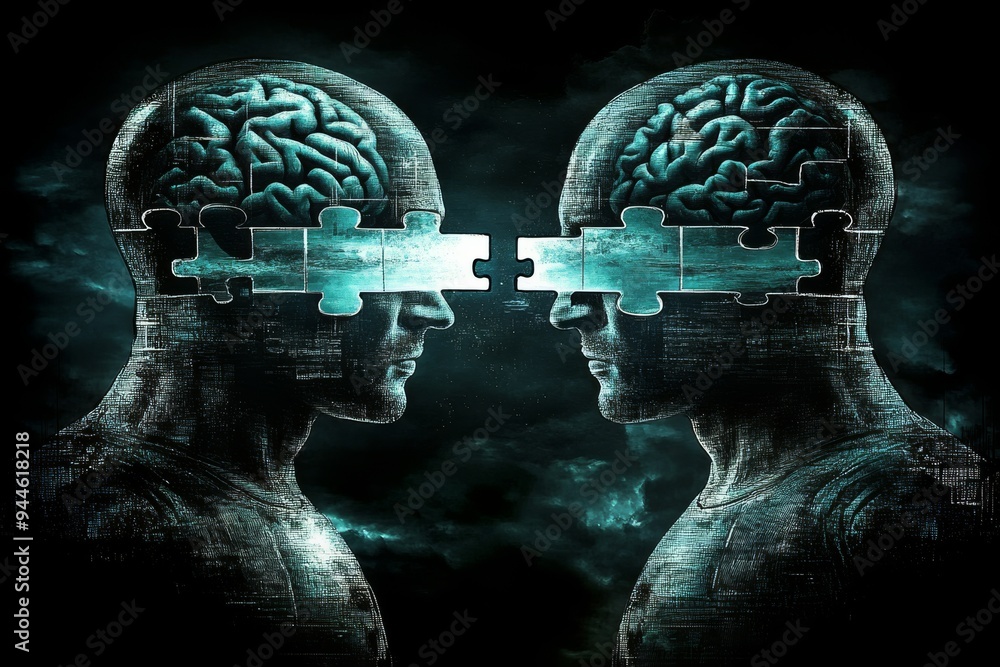 Poster abstract digital art of two human profiles with puzzle piece brains connected by light symbolizing t