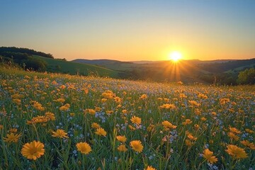 Fototapeta premium Enchanting, sunlit meadow, wildflowers, high quality, photorealistic, serene, idyllic, scenic, panoramic, breathtaking::0.8 butterflies, bees, rolling hills, clear blue sky, peacefulness, nature's