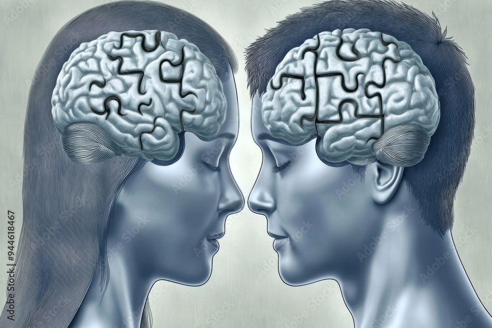 Poster 3d illustration of two human profiles with puzzle piece brains facing each other symbolizing the com