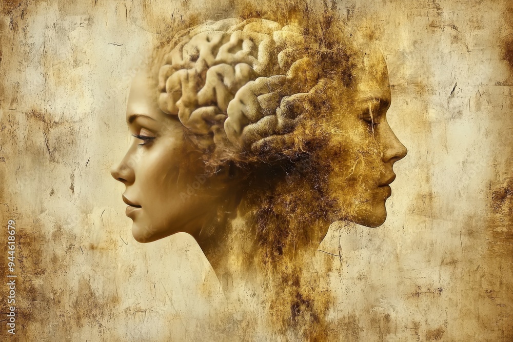 Poster artistic rendering of two human profiles carved in stone symbolizing the enduring and timeless natur